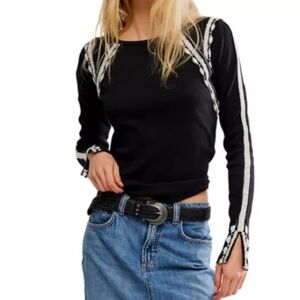 Free People Dark Blue Long Sleeve with Light Green Details